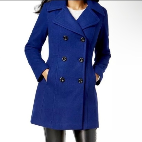 ANNE KLEIN Royal Blue Wool Blend Notched-Collar Double-Breasted Peacoat - Picture 1 of 16